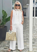 Women's Solid Linen Two-Piece Set – Sleeveless Scoop Neck Tank Top Wide-Leg Pants