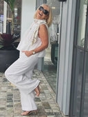 Women's Solid Linen Two-Piece Set – Sleeveless Scoop Neck Tank Top Wide-Leg Pants