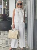 Women's Solid Linen Two-Piece Set – Sleeveless Scoop Neck Tank Top Wide-Leg Pants