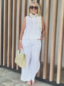 Women's Solid Linen Two-Piece Set – Sleeveless Scoop Neck Tank Top Wide-Leg Pants