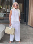 Women's Solid Linen Two-Piece Set – Sleeveless Scoop Neck Tank Top Wide-Leg Pants