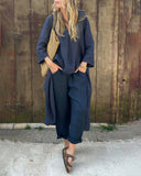 Women's Solid Linen Two-Piece Set – V Neck Longline Tunic Wide Leg Pants Summer
