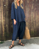 Women's Solid Linen Two-Piece Set – V Neck Longline Tunic Wide Leg Pants Summer