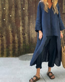 Women's Solid Linen Two-Piece Set – V Neck Longline Tunic Wide Leg Pants Summer