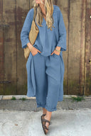 Women's Solid Linen Two-Piece Set – V Neck Longline Tunic Wide Leg Pants Summer