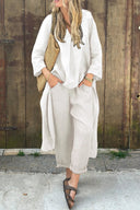 Women's Solid Linen Two-Piece Set – V Neck Longline Tunic Wide Leg Pants Summer