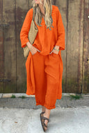 Women's Solid Linen Two-Piece Set – V Neck Longline Tunic Wide Leg Pants Summer
