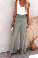 Women's Solid Linen Wide Leg Pants – Smocked Button Waist High Rise Pants