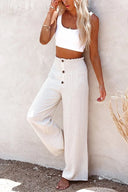 Women's Solid Linen Wide Leg Pants – Smocked Button Waist High Rise Pants