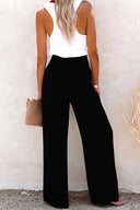 Women's Solid Linen Wide Leg Pants – Smocked Button Waist High Rise Pants