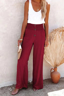 Women's Solid Linen Wide Leg Pants – Smocked Button Waist High Rise Pants