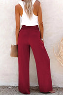 Women's Solid Linen Wide Leg Pants – Smocked Button Waist High Rise Pants