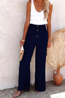 Women's Solid Linen Wide Leg Pants – Smocked Button Waist High Rise Pants