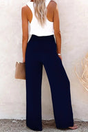 Women's Solid Linen Wide Leg Pants – Smocked Button Waist High Rise Pants