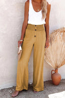Women's Solid Linen Wide Leg Pants – Smocked Button Waist High Rise Pants