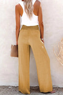 Women's Solid Linen Wide Leg Pants – Smocked Button Waist High Rise Pants