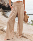 Women's Solid Linen Wide Leg Pants – Smocked High Waist Beach Summer Pants