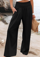 Women's Solid Linen Wide Leg Pants – Smocked High Waist Beach Summer Pants