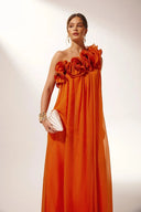 Women's Solid Maxi Dress – One Shoulder 3D Rose Appliqué Pleated Wedding Guest Gown