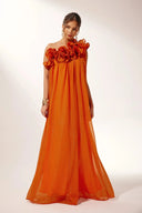 Women's Solid Maxi Dress – One Shoulder 3D Rose Appliqué Pleated Wedding Guest Gown