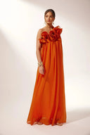 Women's Solid Maxi Dress – One Shoulder 3D Rose Appliqué Pleated Wedding Guest Gown