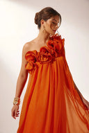 Women's Solid Maxi Dress – One Shoulder 3D Rose Appliqué Pleated Wedding Guest Gown