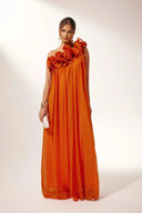 Women's Solid Maxi Dress – One Shoulder 3D Rose Appliqué Pleated Wedding Guest Gown