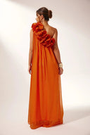 Women's Solid Maxi Dress – One Shoulder 3D Rose Appliqué Pleated Wedding Guest Gown