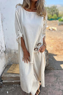 Women's Solid Maxi Dress – Round Neck Long Sleeve Asymmetric Hem Casual Summer