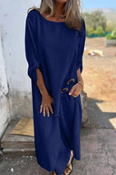 Women's Solid Maxi Dress – Round Neck Long Sleeve Asymmetric Hem Casual Summer