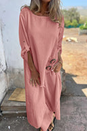 Women's Solid Maxi Dress – Round Neck Long Sleeve Asymmetric Hem Casual Summer