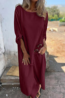 Women's Solid Maxi Dress – Round Neck Long Sleeve Asymmetric Hem Casual Summer