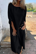 Women's Solid Maxi Dress – Round Neck Long Sleeve Asymmetric Hem Casual Summer