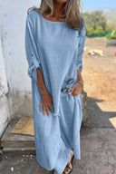 Women's Solid Maxi Dress – Round Neck Long Sleeve Asymmetric Hem Casual Summer