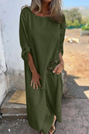 Women's Solid Maxi Dress – Round Neck Long Sleeve Asymmetric Hem Casual Summer