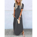 Women's Solid Maxi Dress – Round Neck Short Sleeve Side Split Pocket Casual Summer