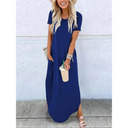 Women's Solid Maxi Dress – Round Neck Short Sleeve Side Split Pocket Casual Summer