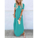 Women's Solid Maxi Dress – Round Neck Short Sleeve Side Split Pocket Casual Summer