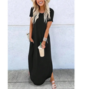 Women's Solid Maxi Dress – Round Neck Short Sleeve Side Split Pocket Casual Summer