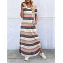 Women's Solid Maxi Dress – Round Neck Short Sleeve Side Split Pocket Casual Summer