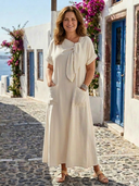 Women's Solid Maxi Dress – Round Neck Tie Front Short Sleeve Patch Pocket