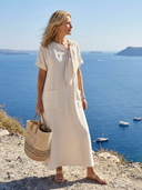 Women's Solid Maxi Dress – Round Neck Tie Front Short Sleeve Patch Pocket