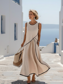 Women's Solid Maxi Dress – Sleeveless Round Neck Draped Front Contrast Trim