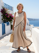 Women's Solid Maxi Dress – Sleeveless Round Neck Draped Front Contrast Trim