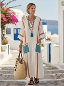 Women's Solid Maxi Dress – V Neck Half Sleeve Stripe Trim Patch Pocket