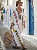 Women's Solid Maxi Dress – V Neck Half Sleeve Stripe Trim Patch Pocket
