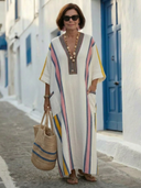 Women's Solid Maxi Dress – V Neck Half Sleeve Stripe Trim Patch Pocket