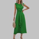 Women's Solid Midi Dress – V Neck Sleeveless Tie Waist A-Line Wedding Guest Formal