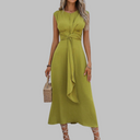 Women's Solid Midi Dress – V Neck Sleeveless Tie Waist A-Line Wedding Guest Formal