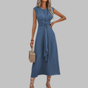 Women's Solid Midi Dress – V Neck Sleeveless Tie Waist A-Line Wedding Guest Formal